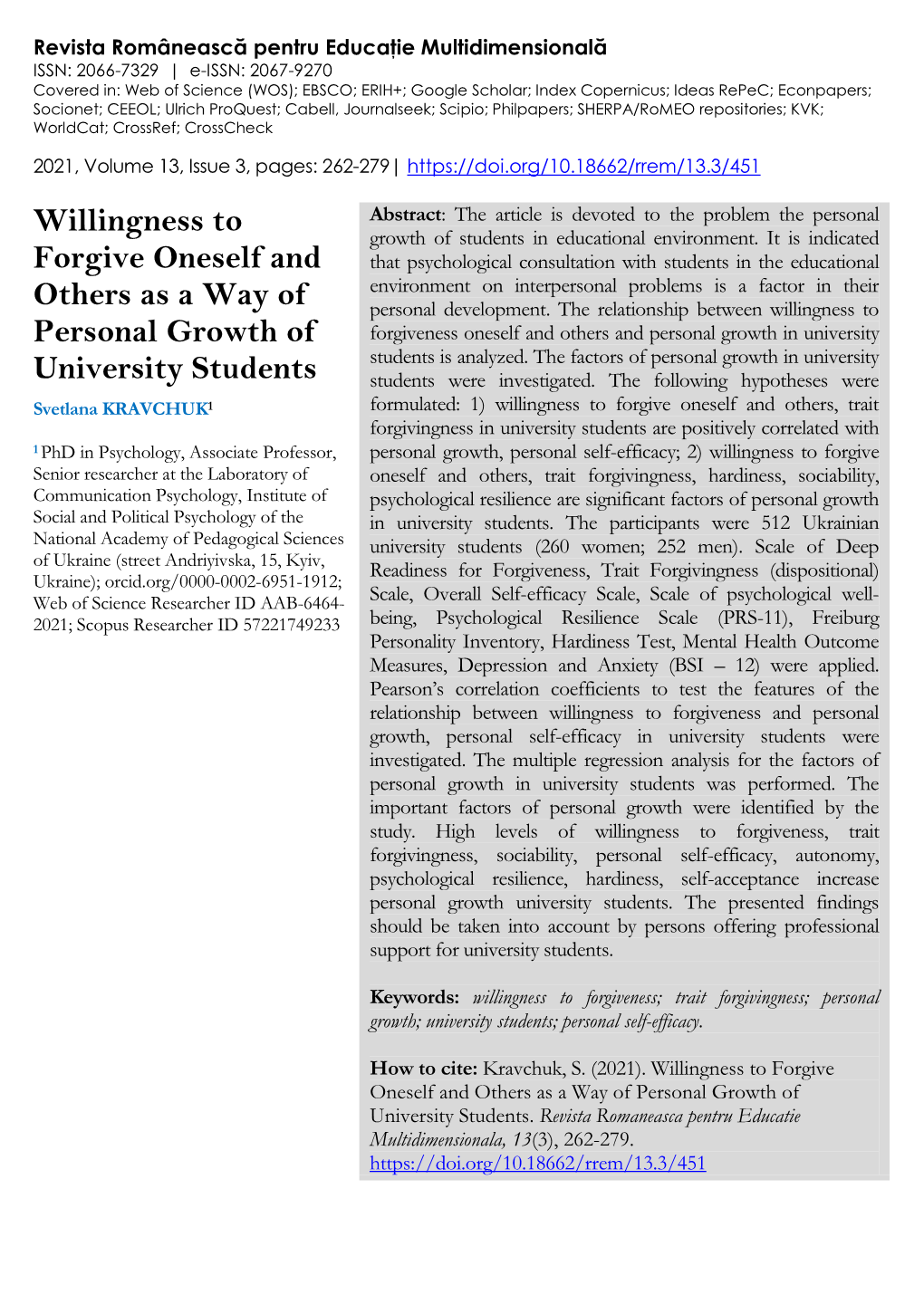 Willingness to Forgive Oneself and Others As a Way of Personal Growth of University Students