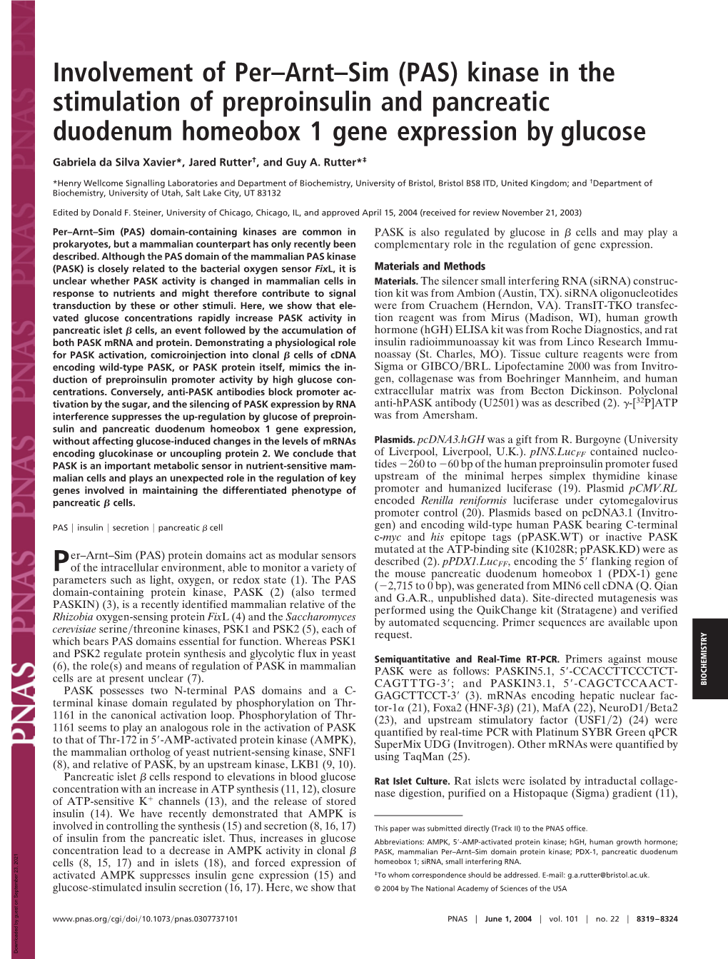 (PAS) Kinase in the Stimulation of Preproinsulin and Pancreatic Duodenum Homeobox 1 Gene Expression by Glucose