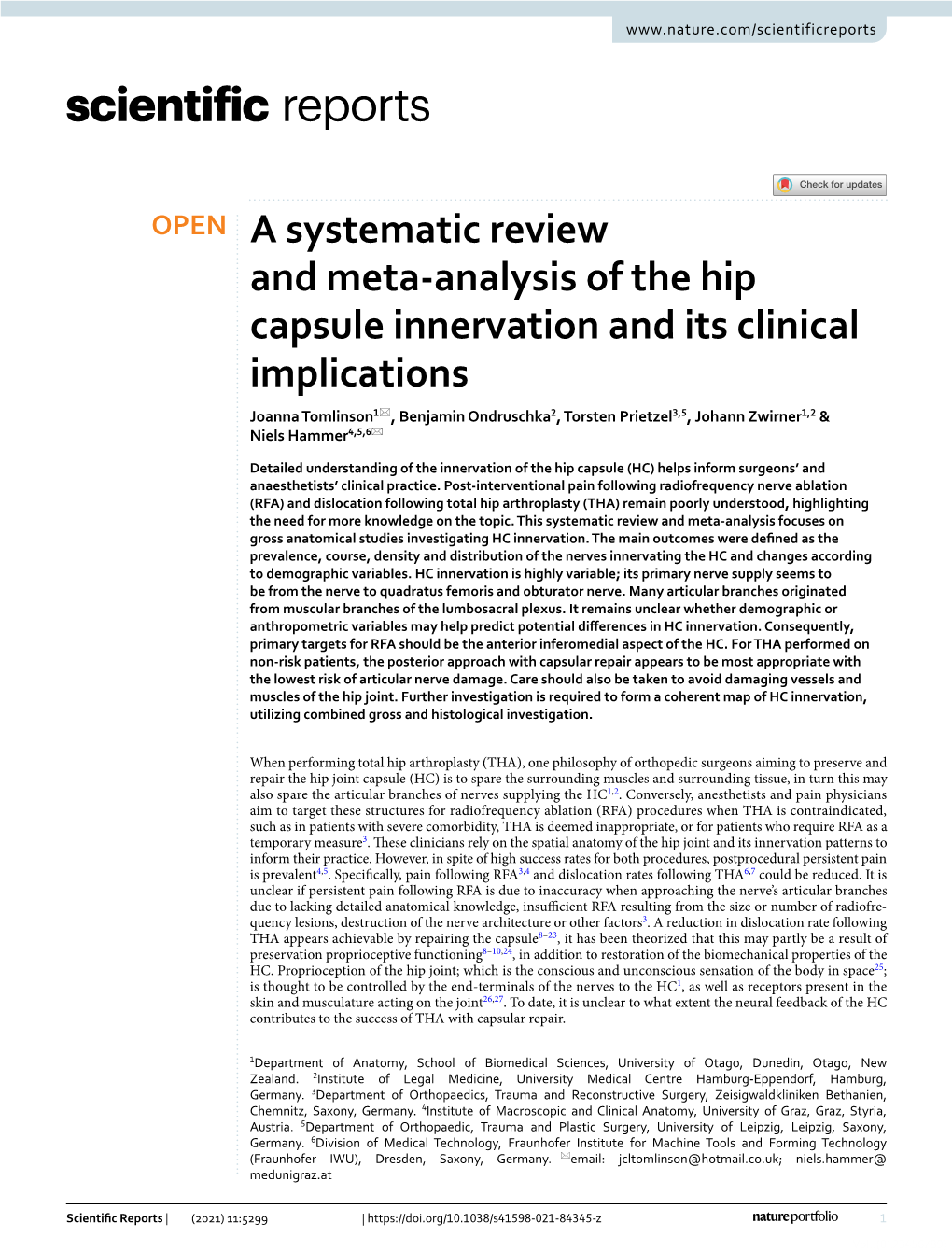 A Systematic Review and Meta-Analysis of the Hip Capsule Innervation and Its Clinical Implications