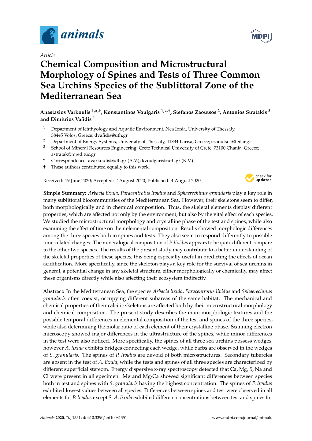 Chemical Composition and Microstructural Morphology of Spines and Tests of Three Common Sea Urchins Species of the Sublittoral Zone of the Mediterranean Sea