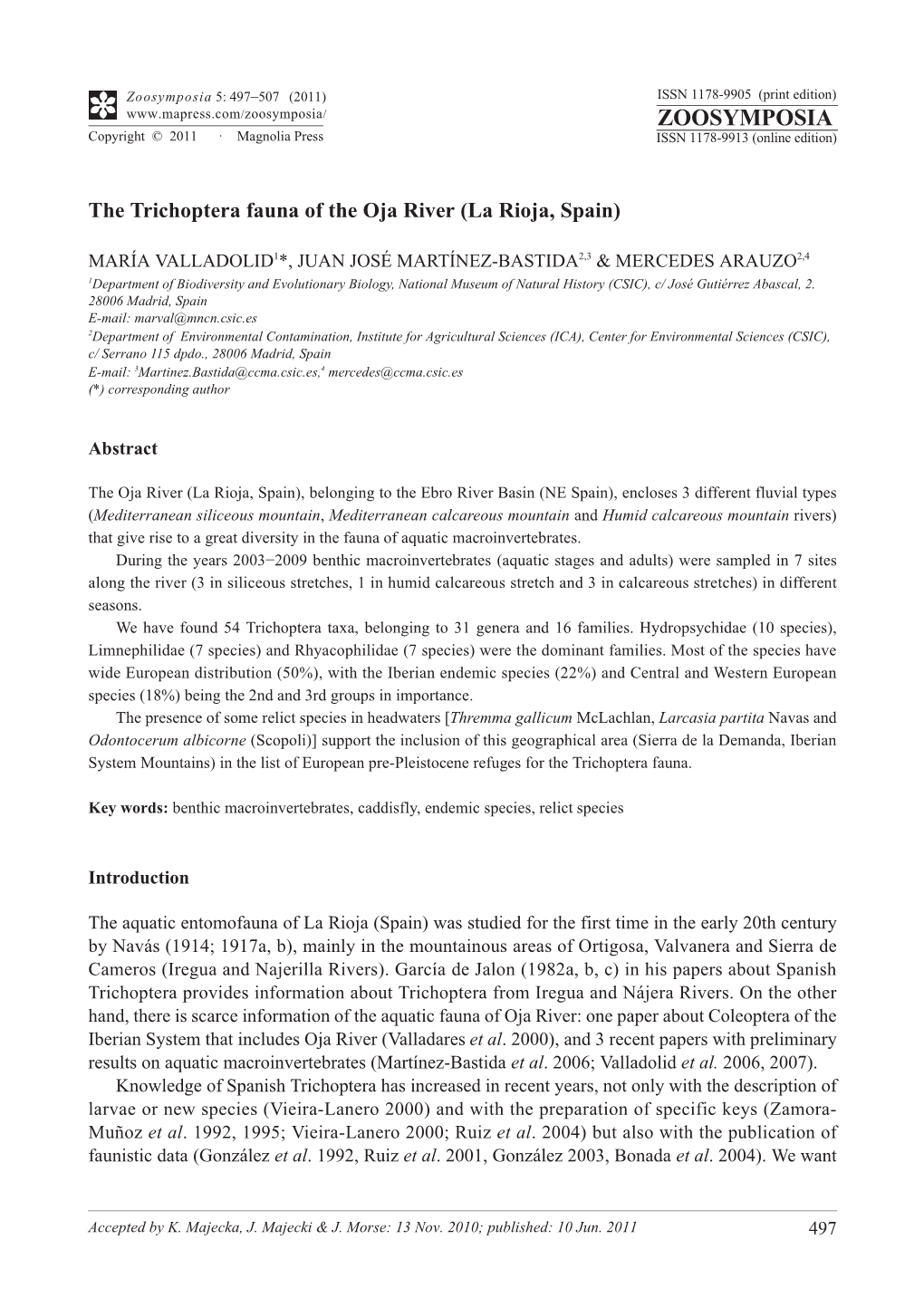 The Trichoptera Fauna of the Oja River (La Rioja, Spain)