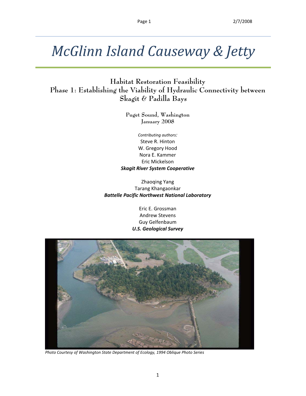 Mcglinn Island Causeway Feasibility Study” by Tarang Khangaonkar and Zhaoqing Yang