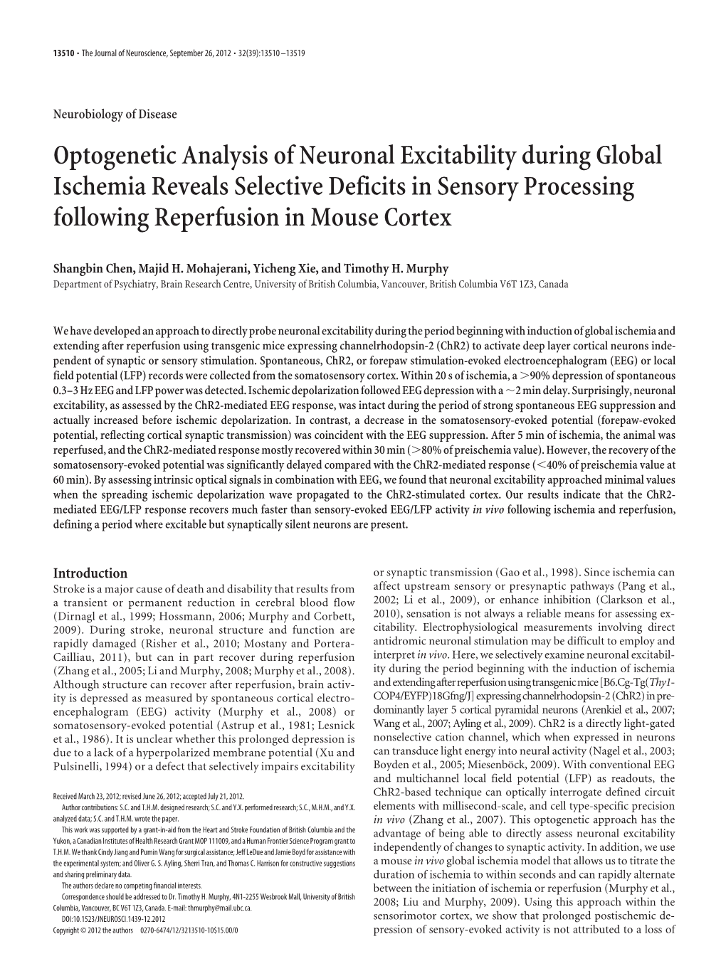 Optogenetic Analysis of Neuronal Excitability During Global Ischemia Reveals Selective Deficits in Sensory Processing Following Reperfusion in Mouse Cortex