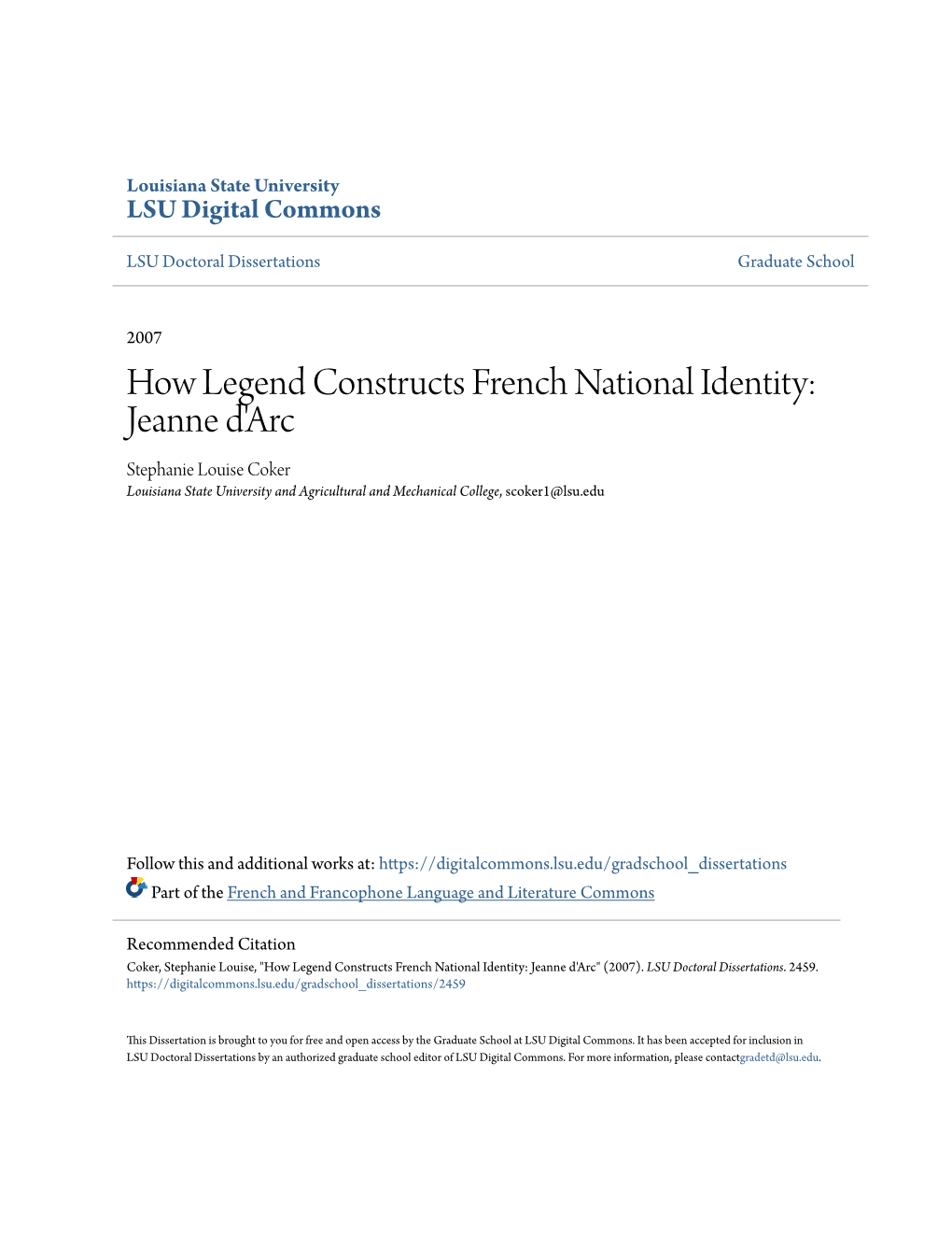 How Legend Constructs French National Identity: Jeanne D'arc