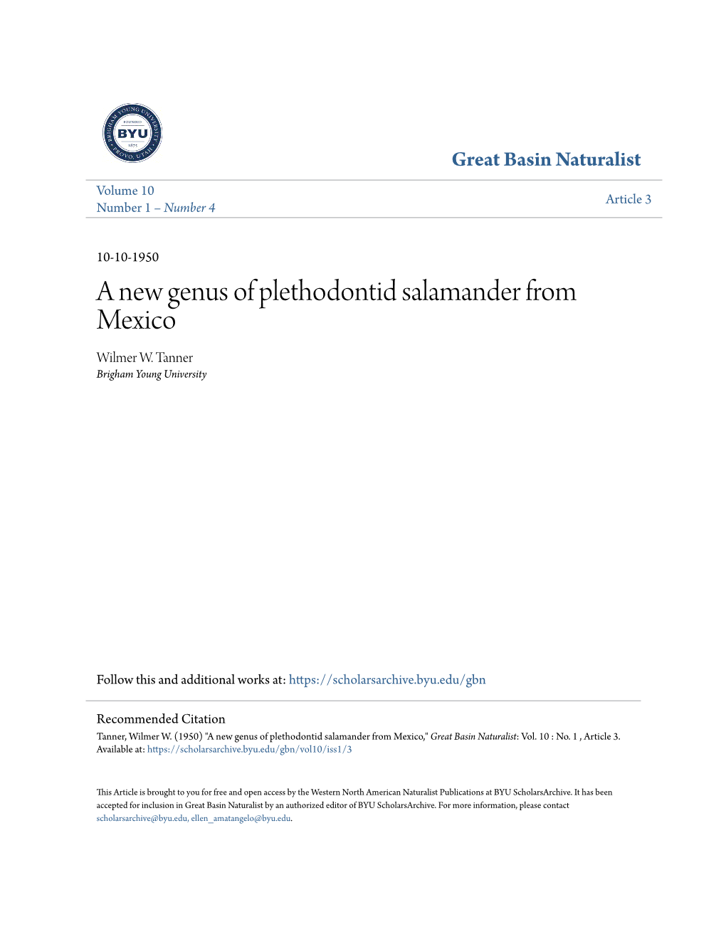 A New Genus of Plethodontid Salamander from Mexico Wilmer W