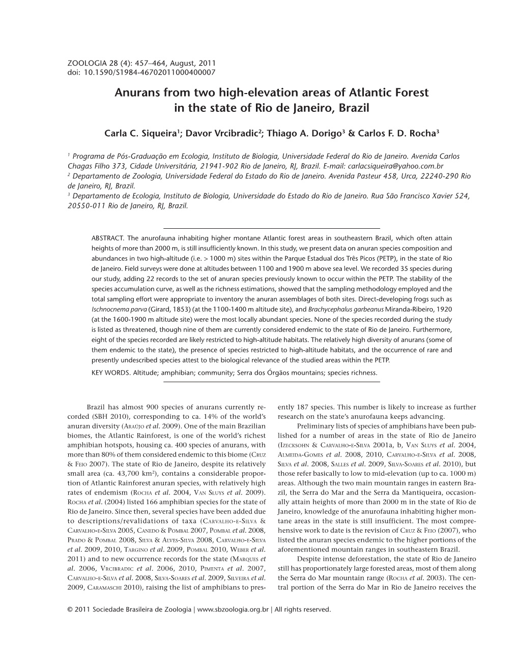 Anurans from Two High-Elevation Areas of Atlantic Forest in the State of Rio De Janeiro, Brazil