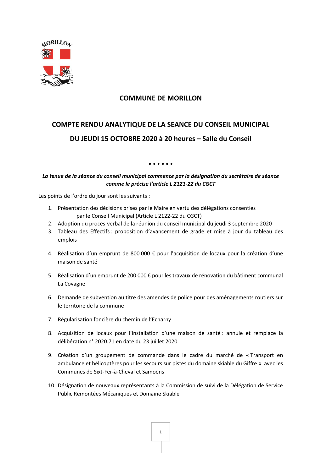 Compte Rendu Du Conseil Municipal Du 15/10/2020