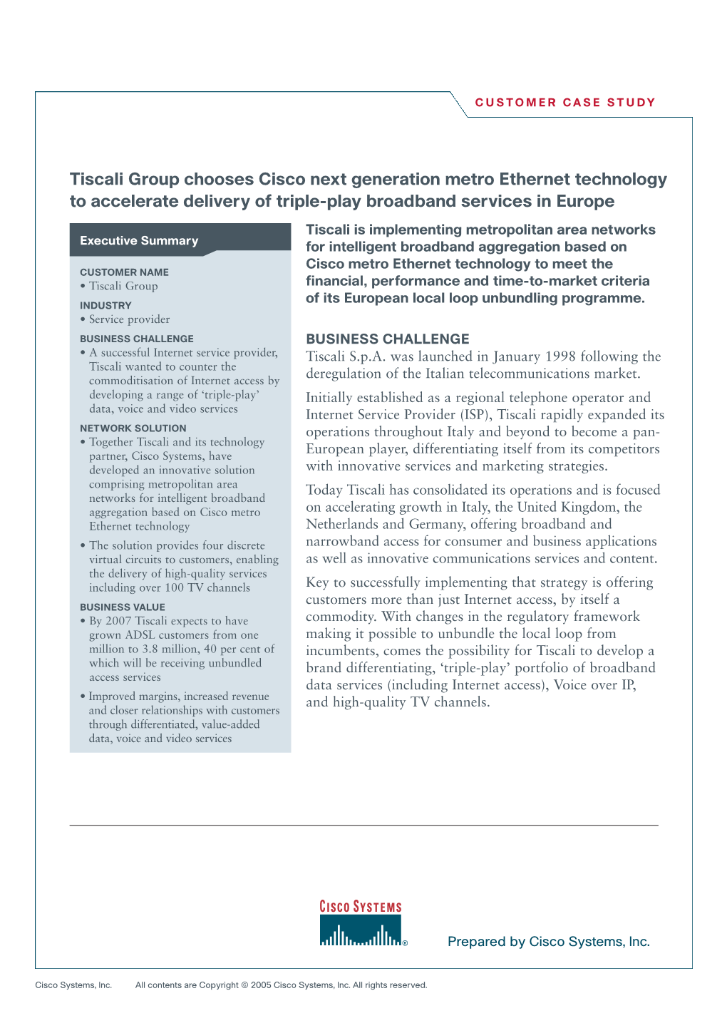 Tiscali Group Chooses Cisco Next Generation Metro Ethernet