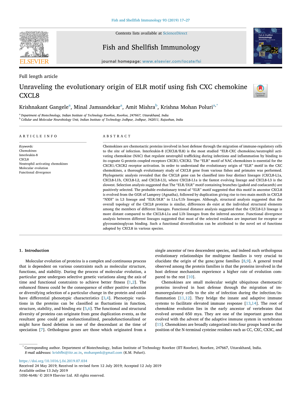 Unraveling the Evolutionary Origin of ELR Motif Using Fish CXC Chemokine CXCL8