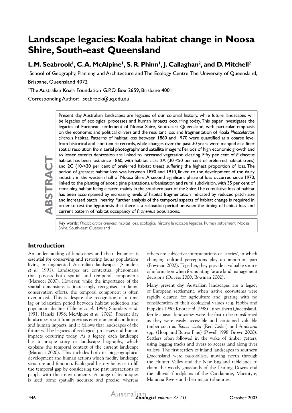 Landscape Legacies: Koala Habitat Change in Noosa Shire, South-East Queensland L.M