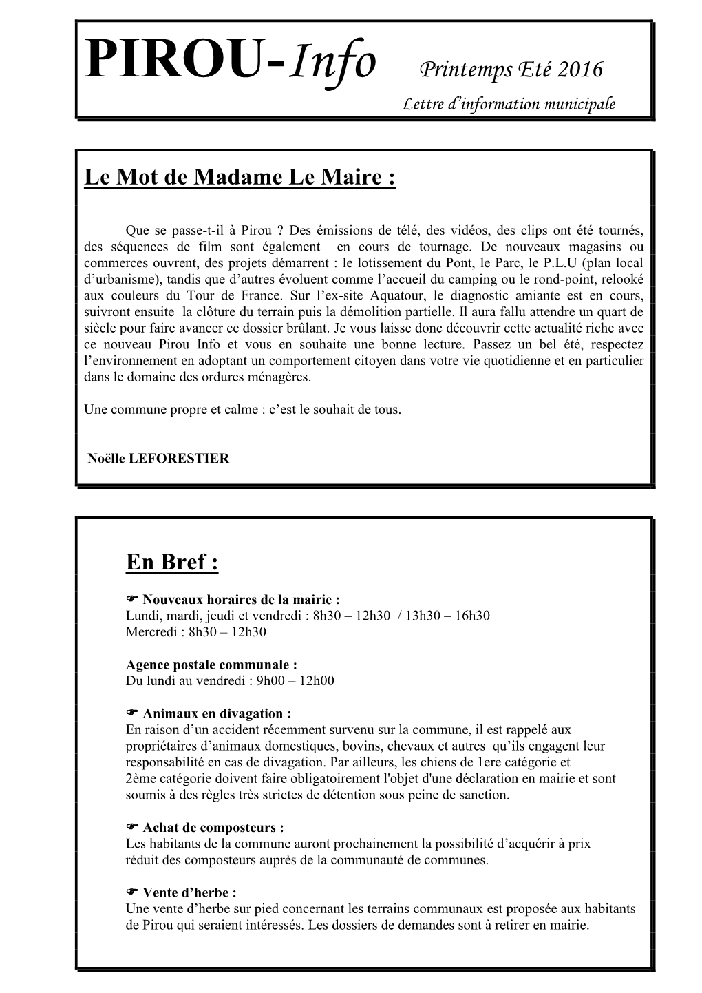 PIROU-Info Printemps Eté 2016 Lettre D’Information Municipale