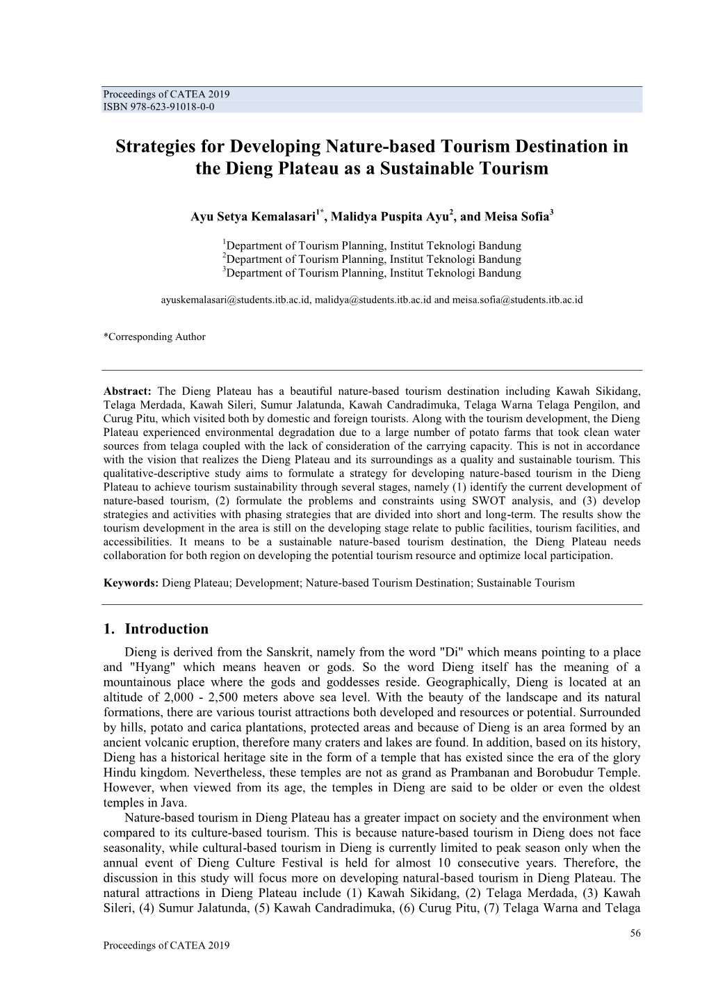 Strategies for Developing Nature-Based Tourism Destination in the Dieng Plateau As a Sustainable Tourism