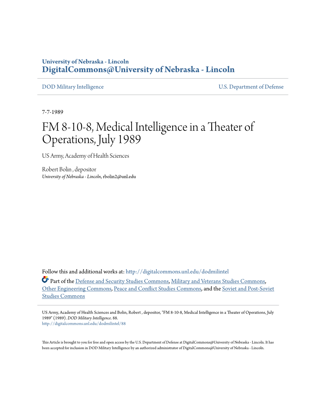 FM 8-10-8, Medical Intelligence in a Theater of Operations, July 1989 US Army, Academy of Health Sciences
