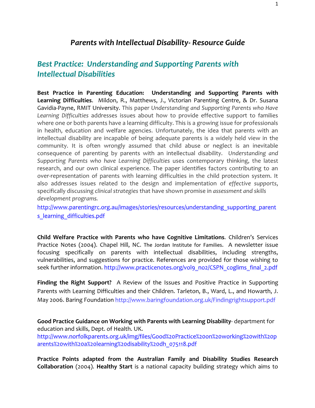 Parents with Intellectual Disability- Resource Guide Best Practice