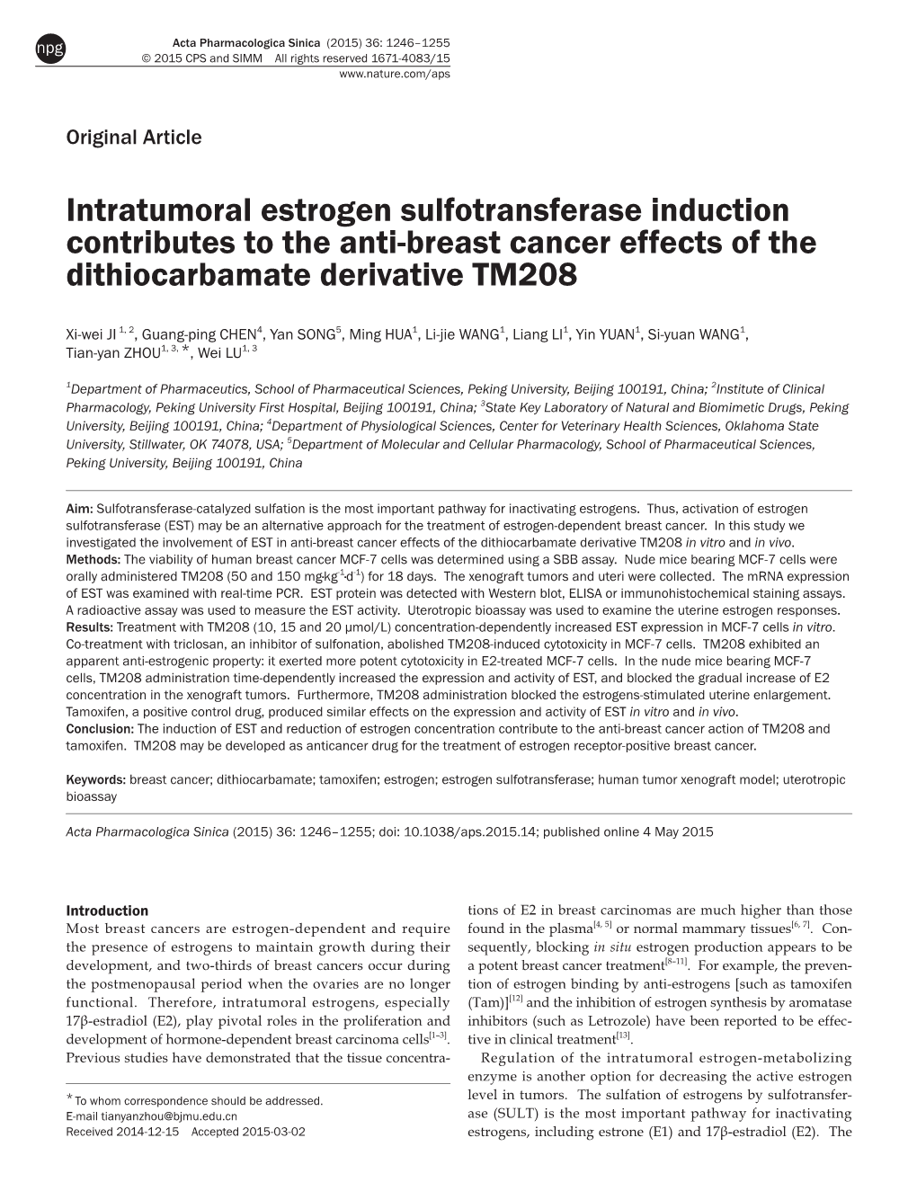 Intratumoral Estrogen Sulfotransferase Induction Contributes to the Anti-Breast Cancer Effects of the Dithiocarbamate Derivative TM208