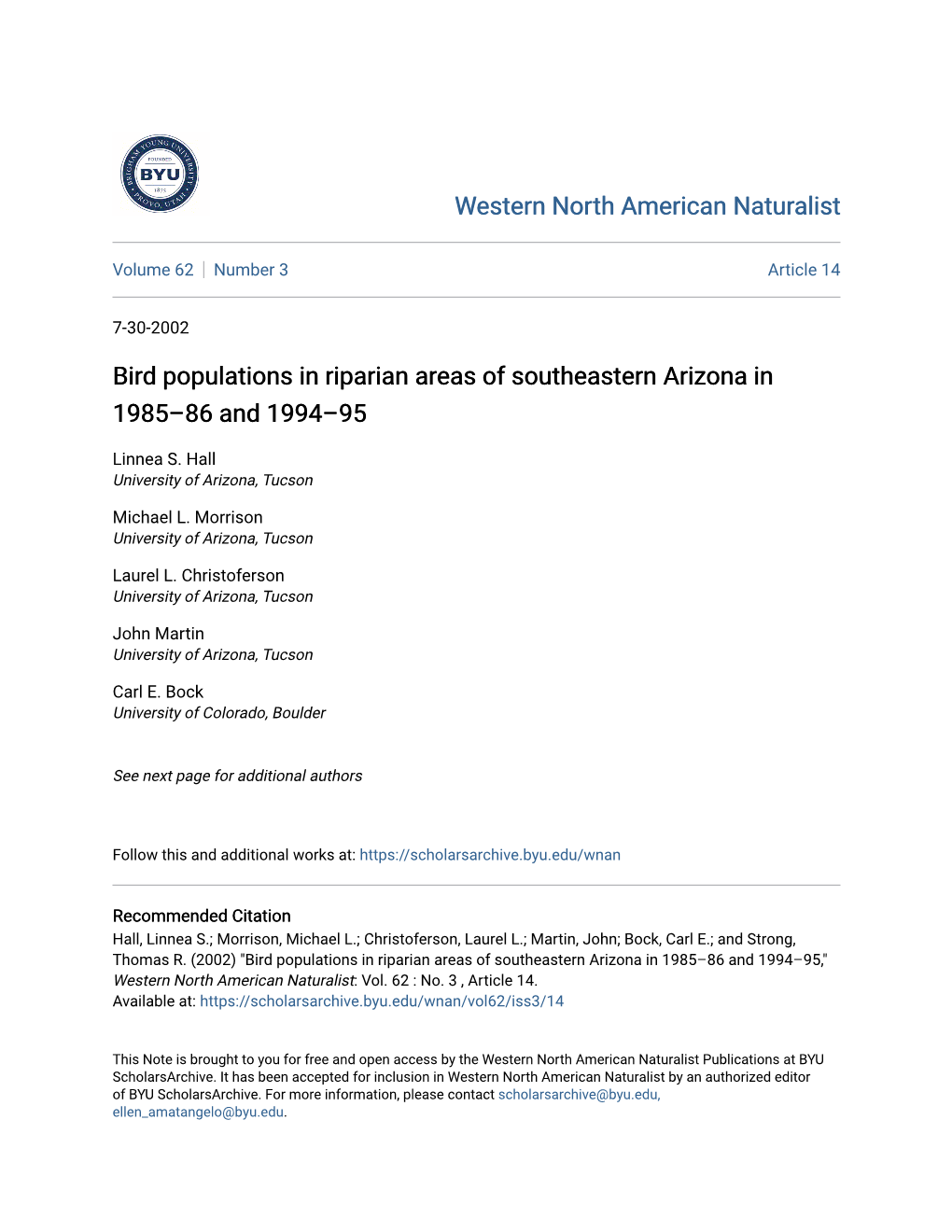 Bird Populations in Riparian Areas of Southeastern Arizona in 1985Â•Fi86 and 1994Â•Fi95