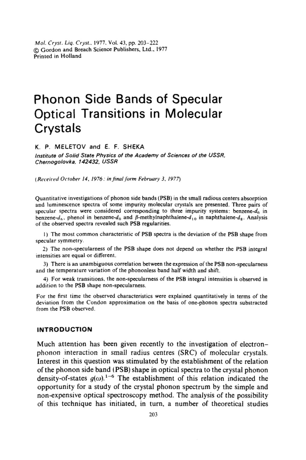 Phonon Side Bands of Specular Optical Transitions in Molecular