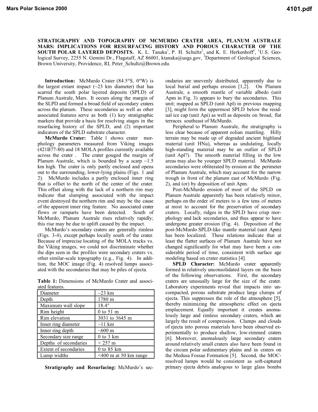 Stratigraphy and Topography of Mcmurdo Crater Area, Planum