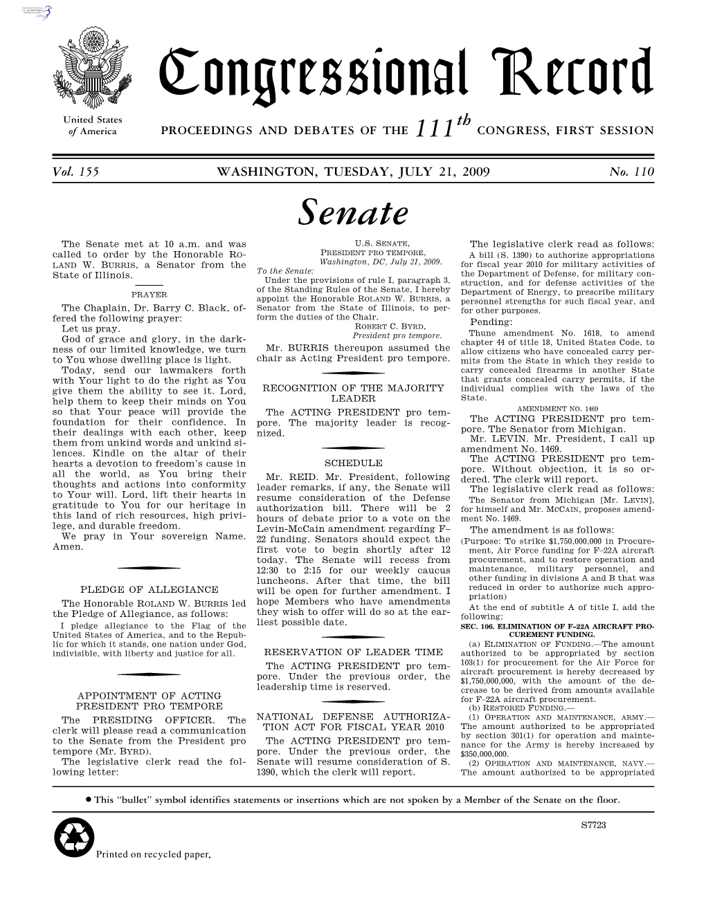 Congressional Record United States Th of America PROCEEDINGS and DEBATES of the 111 CONGRESS, FIRST SESSION