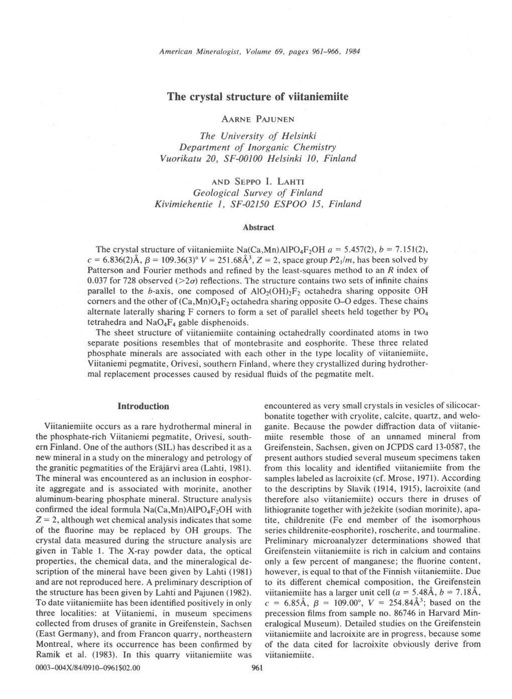 The Crystal Structure of Viitaniemiite