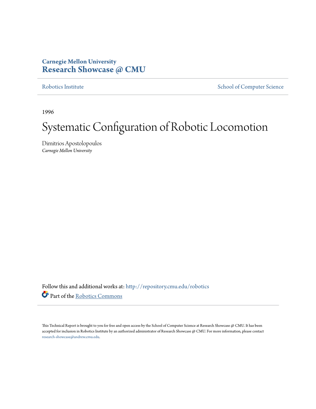 Systematic Configuration of Robotic Locomotion Dimitrios Apostolopoulos Carnegie Mellon University