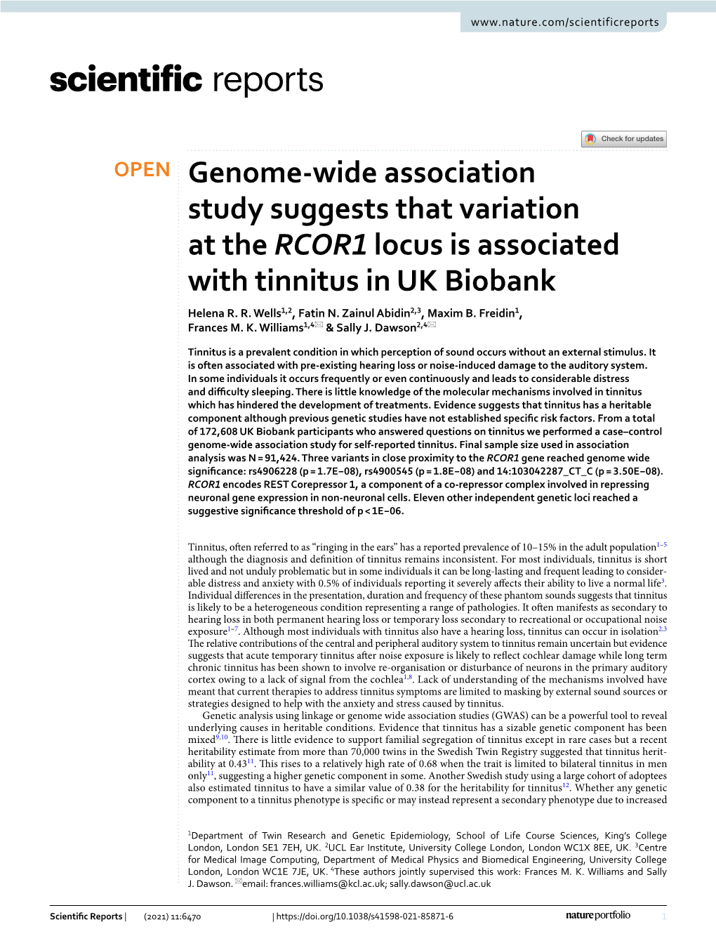 Genome-Wide Association Study Suggests That Variation at the RCOR1 Locus Is Associated with Tinnitus in UK Biobank