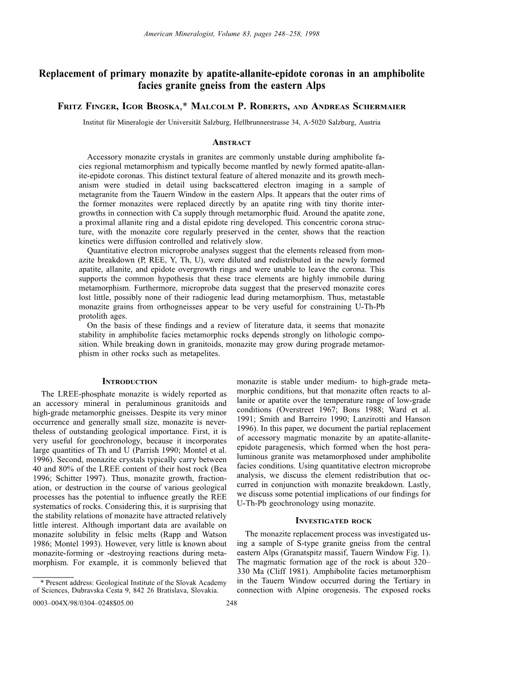 Replacement of Primary Monazite by Apatite-Allanite-Epidote Coronas in an Amphibolite Facies Granite Gneiss from the Eastern Alps