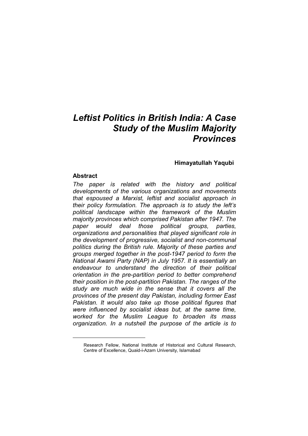 4. Leftist Politics in British India, Himayatullah