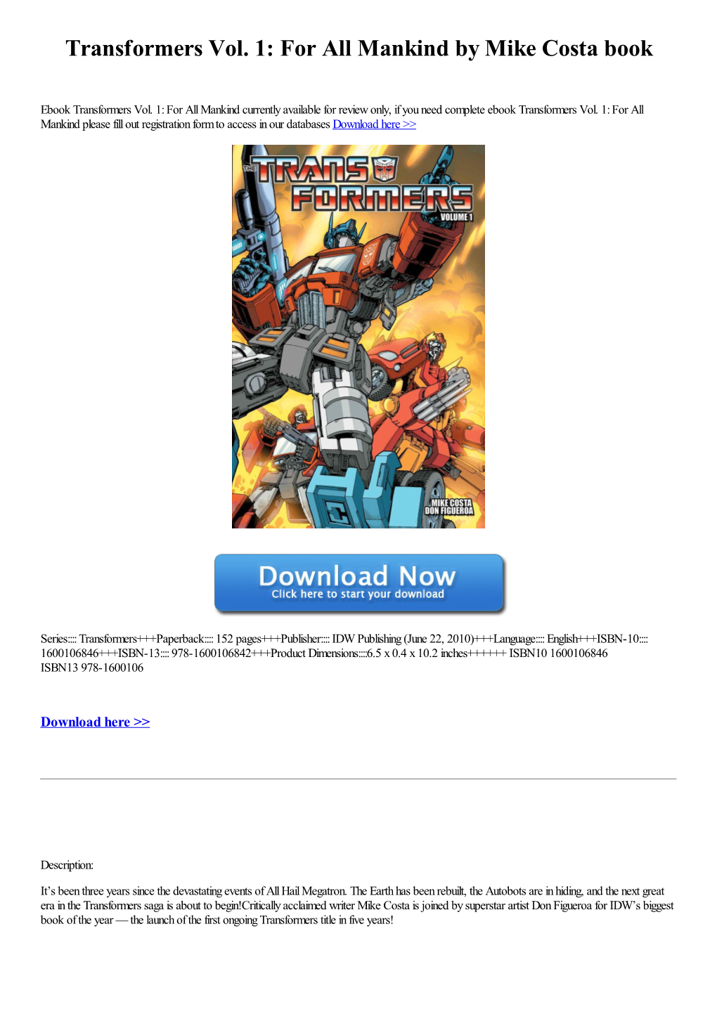 Transformers Vol. 1: for All Mankind by Mike Costa Book