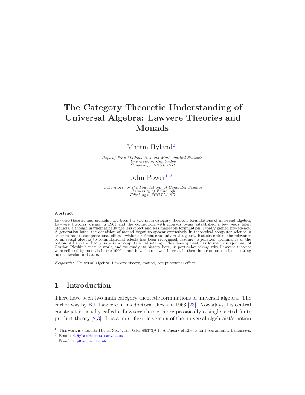 The Category Theoretic Understanding of Universal Algebra: Lawvere Theories and Monads