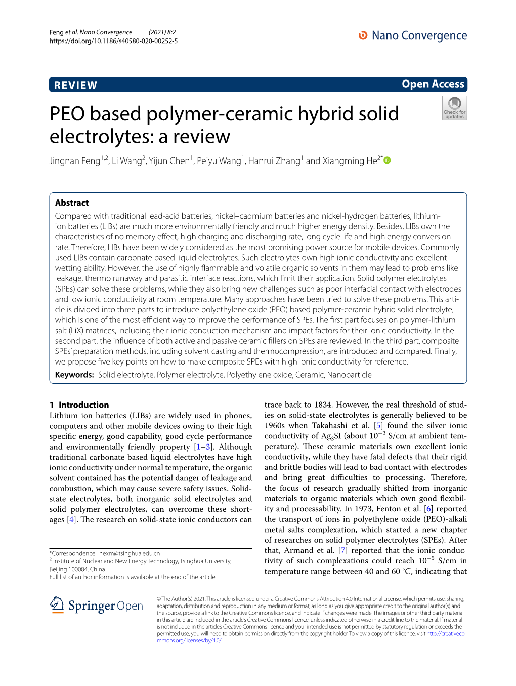 PEO Based Polymer-Ceramic Hybrid Solid Electrolytes: a Review