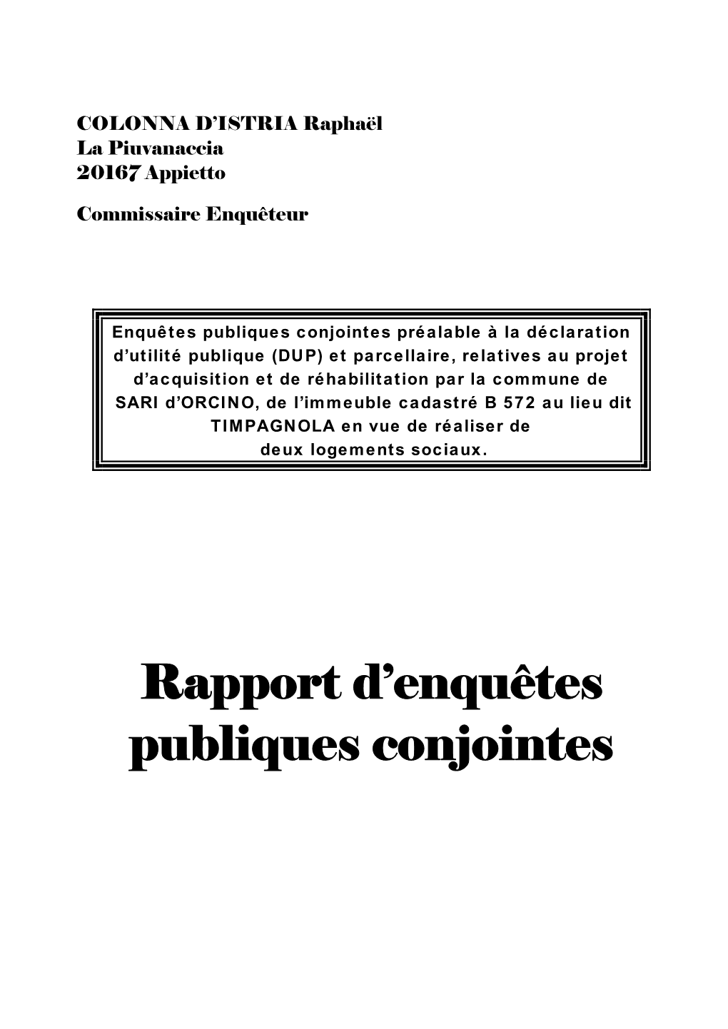 Rapport D'enquêtes Publiques Conjointes