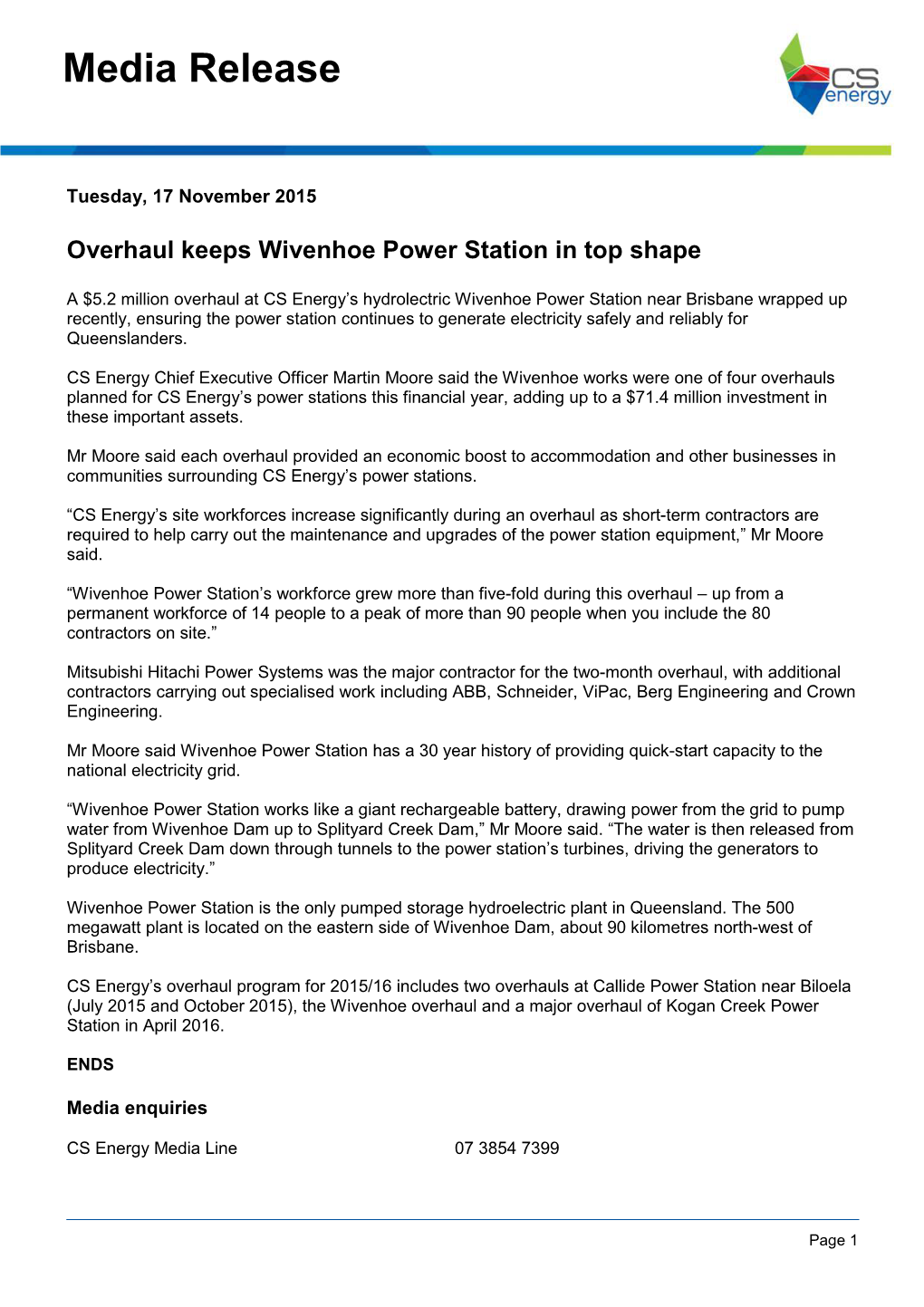 Overhaul Keeps Wivenhoe Power Station in Top Shape