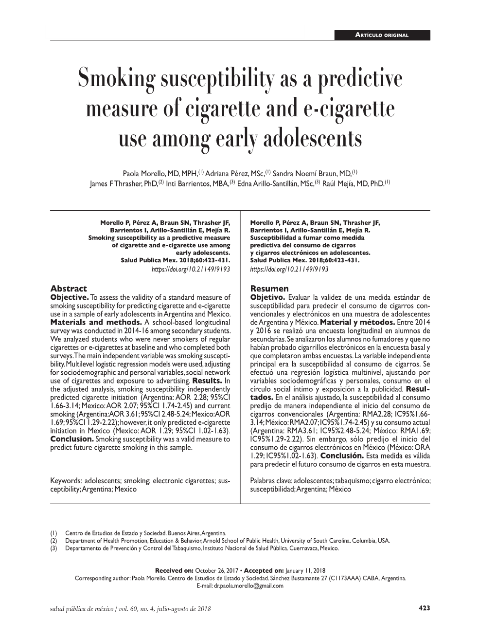 Smoking Susceptibility As a Predictive Measure of Cigarette and E-Cigarette Use Among Early Adolescents