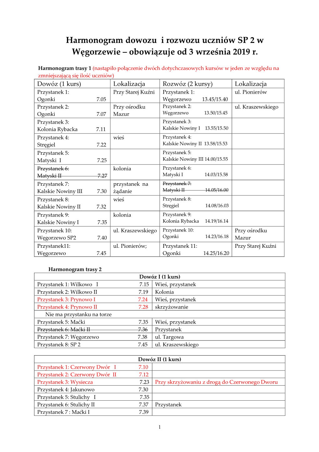 Harmonogram Dowozu I Rozwozu Uczniów SP 2 W Węgorzewie – Obowiązuje Od 3 Września 2019 R