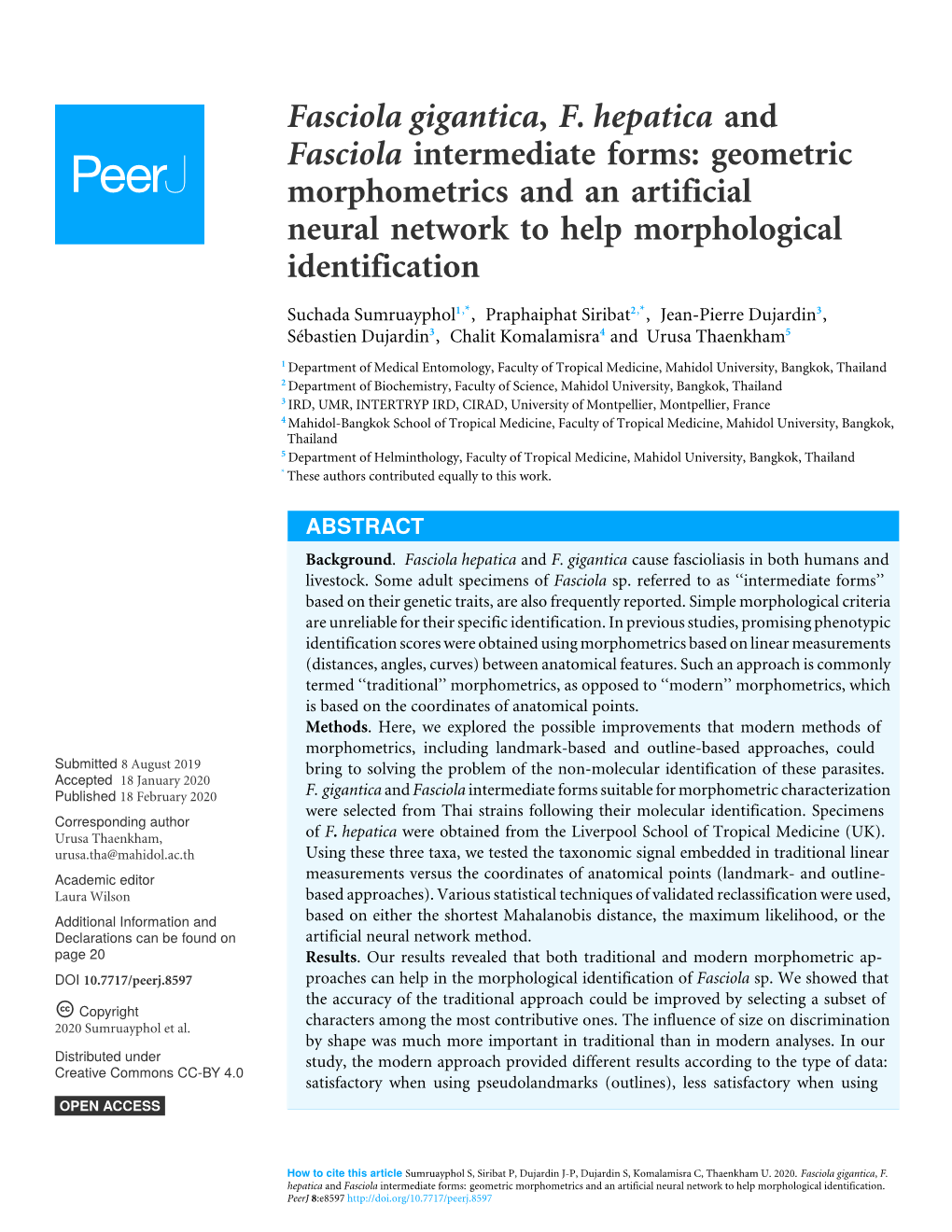 Fasciola Gigantica, F. Hepatica and Fasciola Intermediate Forms: Geometric Morphometrics and an Artificial Neural Network to Help Morphological Identification