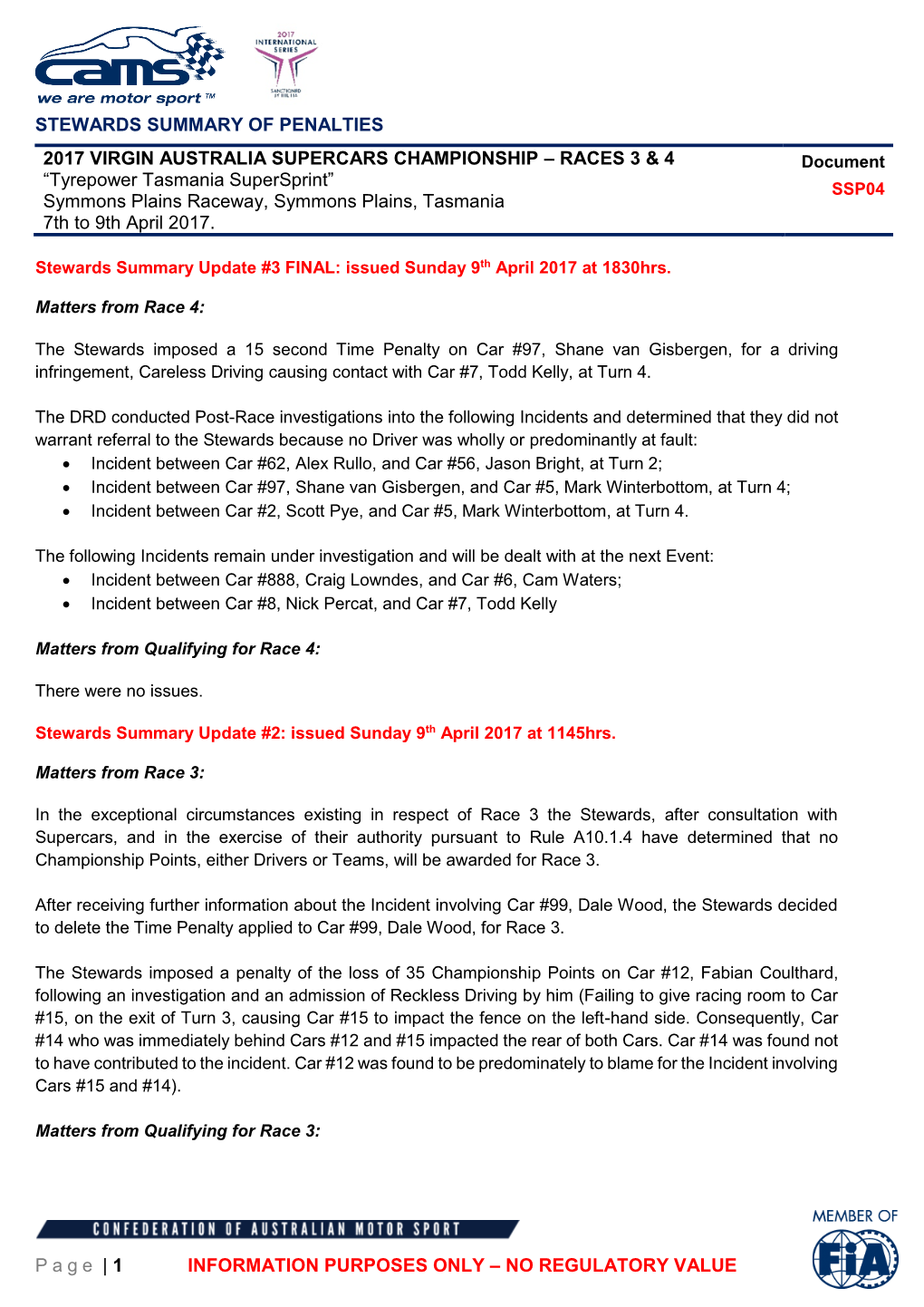 STEWARDS SUMMARY of PENALTIES Page