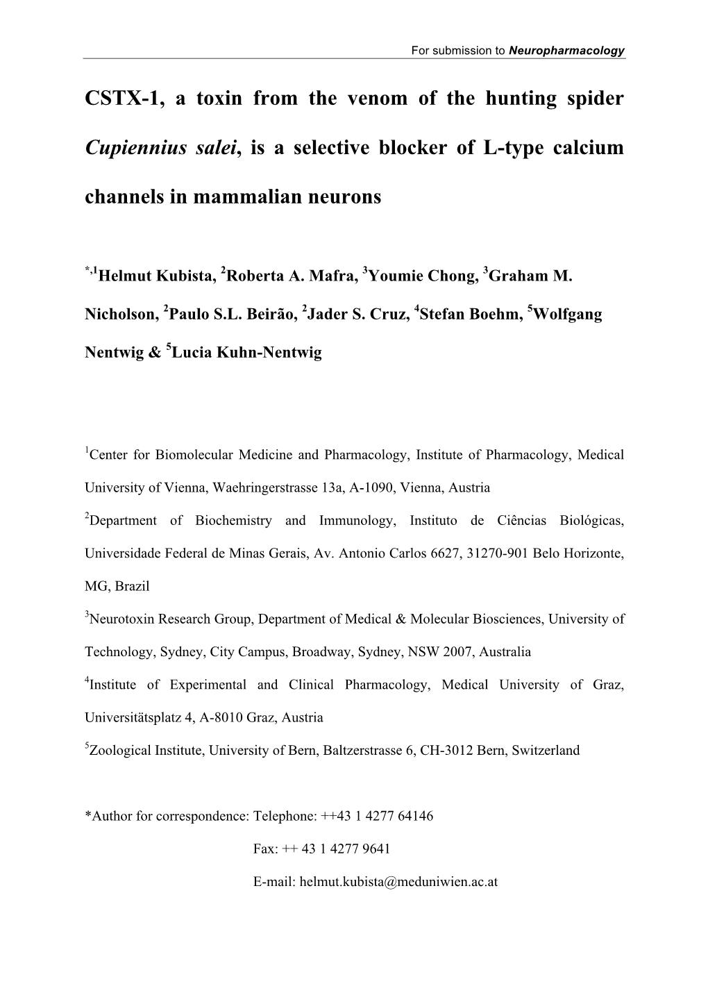 CSTX-1, a Toxin from the Venom of the Hunting Spider Cupiennius Salei, Is