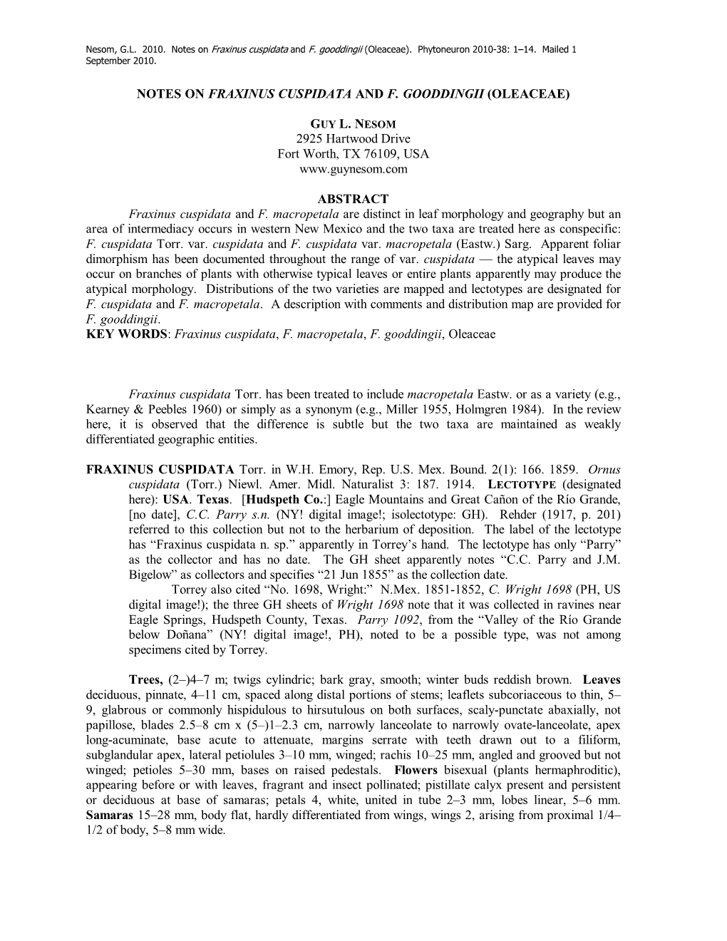 Notes on Fraxinus Cuspidata and F. Gooddingii (Oleaceae)