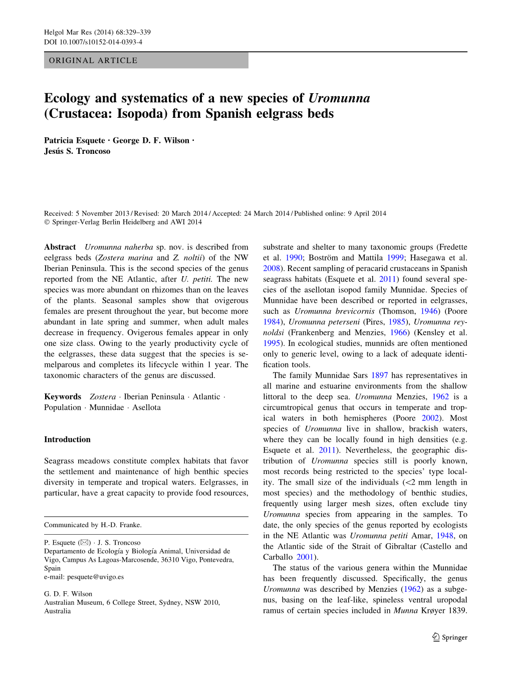 Ecology and Systematics of a New Species of Uromunna (Crustacea: Isopoda) from Spanish Eelgrass Beds