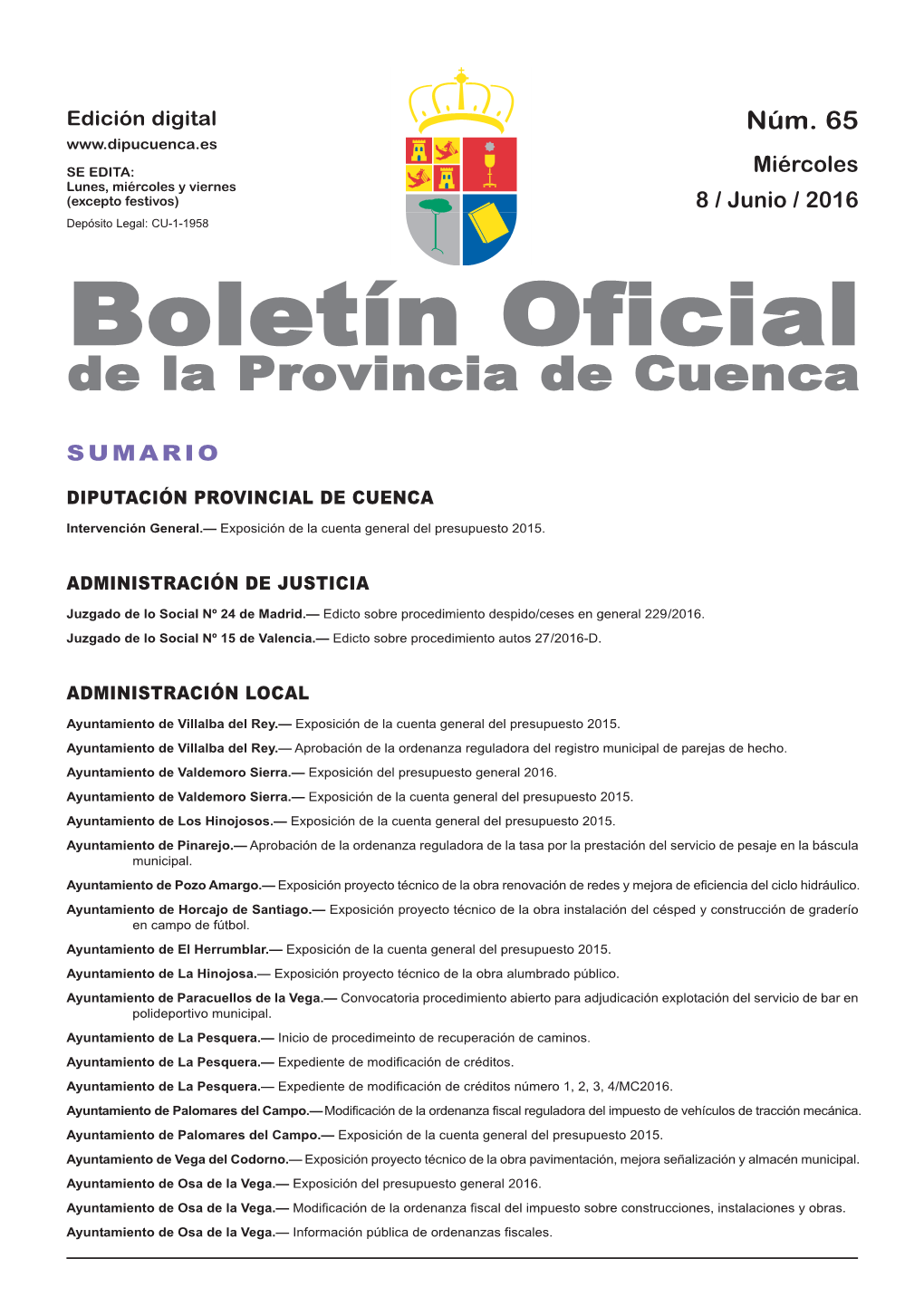 Boletín Oficial De La Provincia De Cuenca Sumario Diputación Provincial De Cuenca