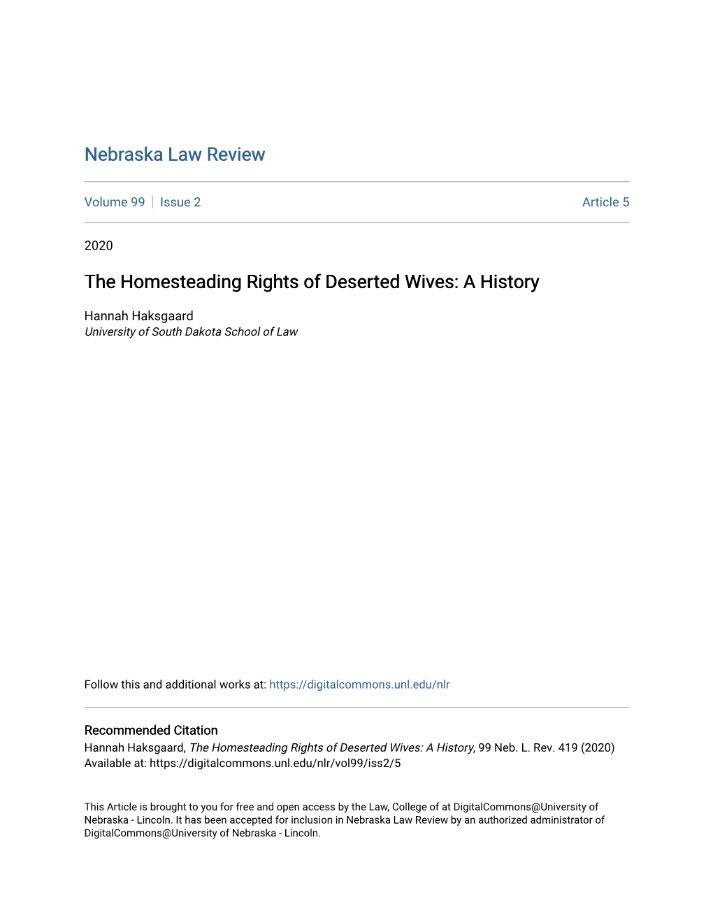 The Homesteading Rights of Deserted Wives: a History