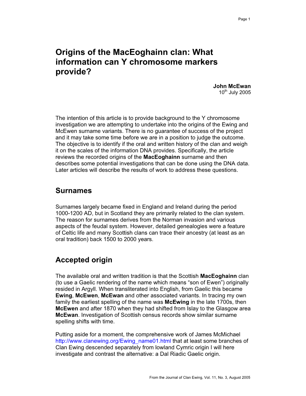 Origins of the Maceoghainn Clan: What Information Can Y Chromosome Markers Provide?