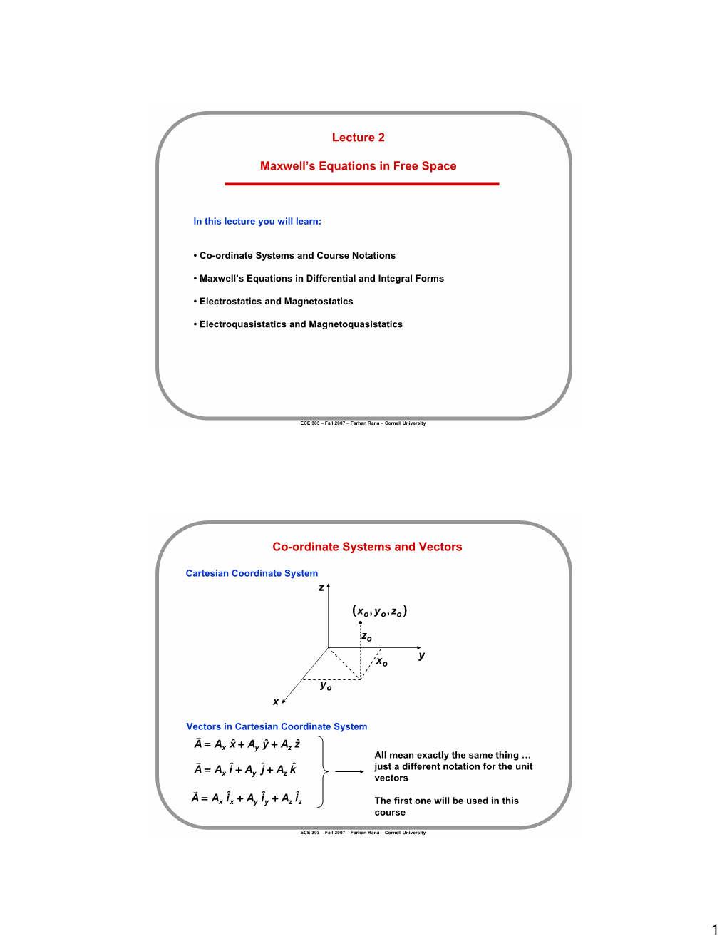 Lecture 2 Maxwell's Equations in Free Space Co-Ordinate Systems And