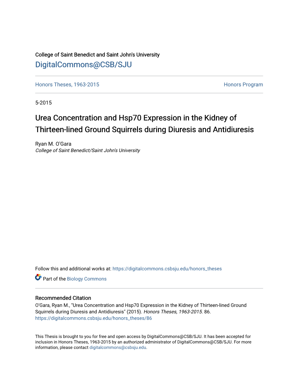 Urea Concentration and Hsp70 Expression in the Kidney of Thirteen-Lined Ground Squirrels During Diuresis and Antidiuresis