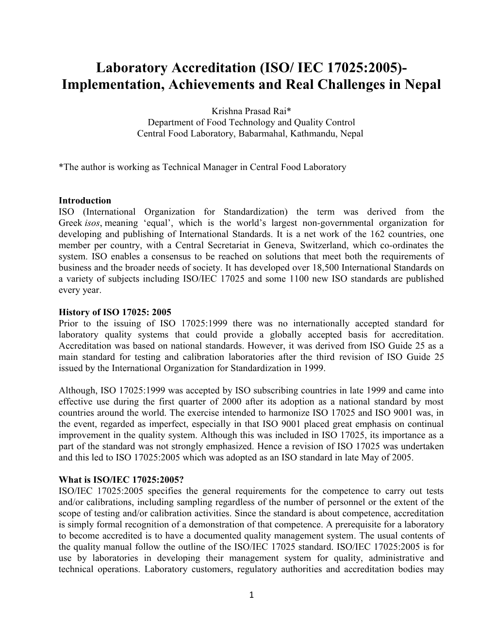 Laboratory Accreditation (ISO/ IEC 17025:2005)-Implementation, Achievements and Real Challenges