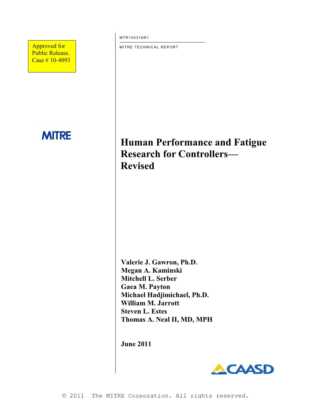 Human Performance and Fatigue Research for Controllers— Revised