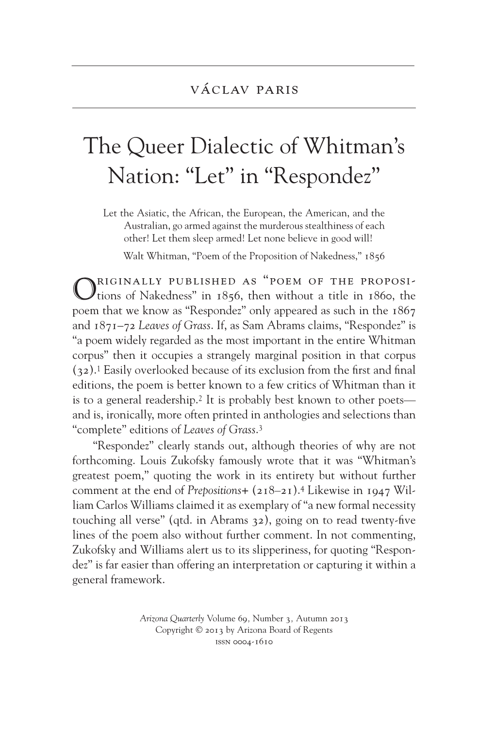 The Queer Dialectic of Whitman's Nation: 'Let' in “Respondez,”