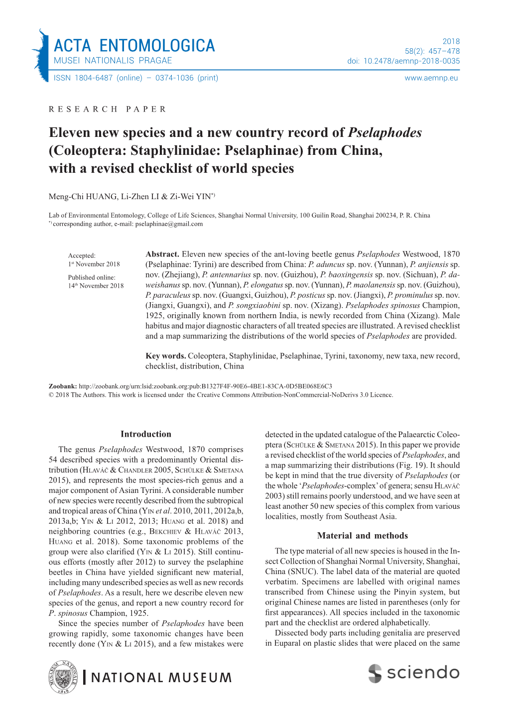 ACTA ENTOMOLOGICA 58(2): 457–478 MUSEI NATIONALIS PRAGAE Doi: 10.2478/Aemnp-2018-0035