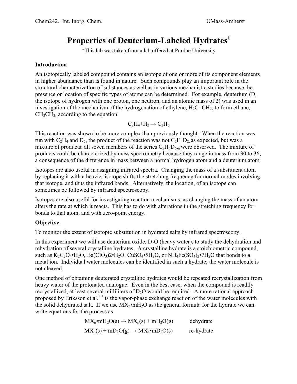 Properties of Deuterium-Labeled Hydrates1 *This Lab Was Taken from a Lab Offered at Purdue University